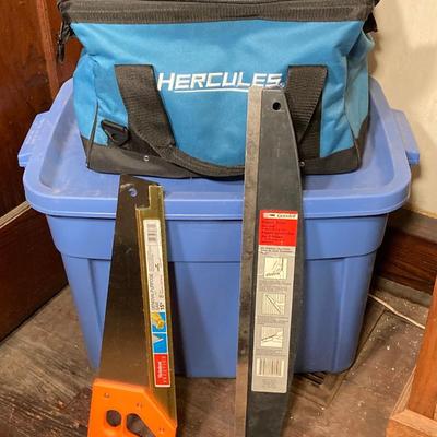 LOT 60: Hercules 16" Tool Bag, Goodell Super Trim Guard, Nicholson General Purpose Saw with Collection of Tools / Supplies (New in...