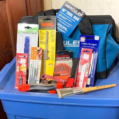 LOT 60: Hercules 16" Tool Bag, Goodell Super Trim Guard, Nicholson General Purpose Saw with Collection of Tools / Supplies (New in...