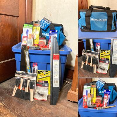 LOT 60: Hercules 16" Tool Bag, Goodell Super Trim Guard, Nicholson General Purpose Saw with Collection of Tools / Supplies (New in...