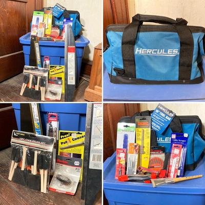 LOT 60: Hercules 16" Tool Bag, Goodell Super Trim Guard, Nicholson General Purpose Saw with Collection of Tools / Supplies (New in...