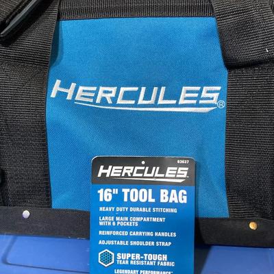 LOT 60: Hercules 16" Tool Bag, Goodell Super Trim Guard, Nicholson General Purpose Saw with Collection of Tools / Supplies (New in...