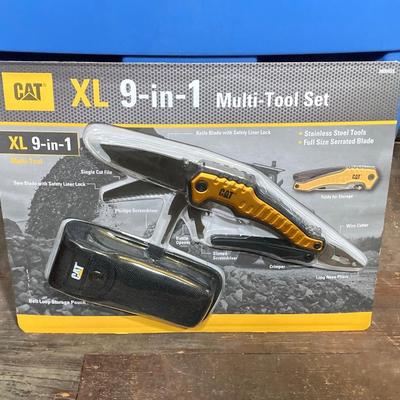 LOT 62: CAT XL 9 in 1 Multi Tool Set, Bushnell Rechargeable Flashlight, National Geographic Binoculars and Three Swivel Lens Headlamps...