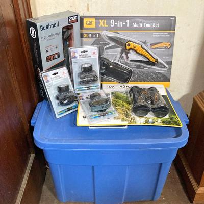 LOT 62: CAT XL 9 in 1 Multi Tool Set, Bushnell Rechargeable Flashlight, National Geographic Binoculars and Three Swivel Lens Headlamps...