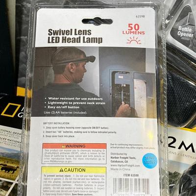 LOT 62: CAT XL 9 in 1 Multi Tool Set, Bushnell Rechargeable Flashlight, National Geographic Binoculars and Three Swivel Lens Headlamps...