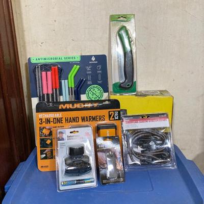 LOT 63: New in Package and More - Muddy Hand Warmers, Pruning Saw, Manna Straws, Swivel Lens Head Lamp, Stretch Cords and Fire Starter
