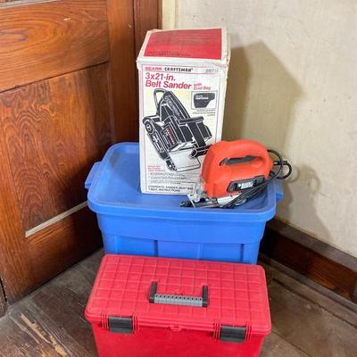 LOT 72: Sears / Craftsman Belt Sander Model # 315.117151, Black & Decker Jig Saw and Red Plastic Toolbox with Contents