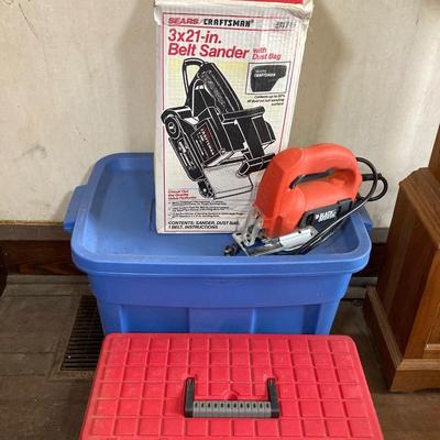 LOT 72: Sears / Craftsman Belt Sander Model # 315.117151, Black & Decker Jig Saw and Red Plastic Toolbox with Contents