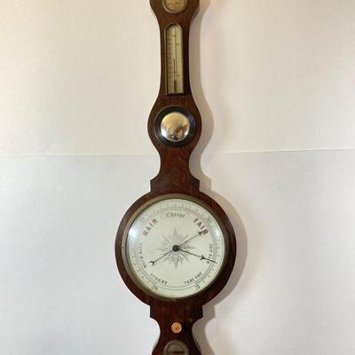 LOT 77: Vintage Wooden Banjo Style Wall Barometer / Thermometer