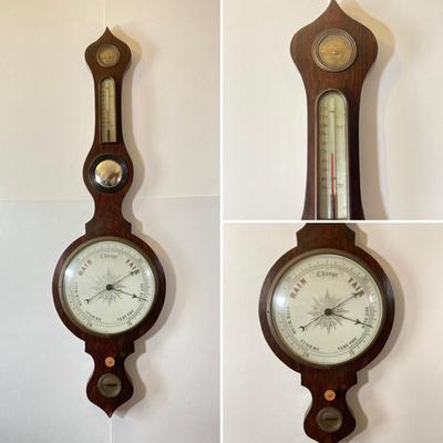 LOT 77: Vintage Wooden Banjo Style Wall Barometer / Thermometer