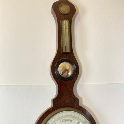 LOT 77: Vintage Wooden Banjo Style Wall Barometer / Thermometer