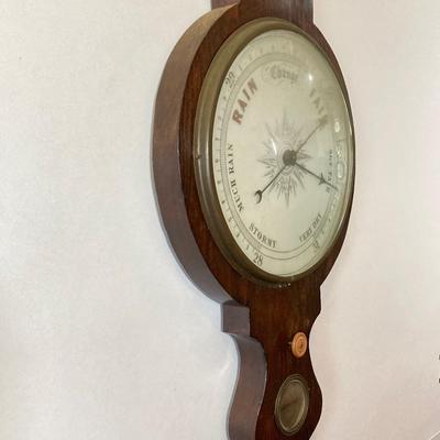 LOT 77: Vintage Wooden Banjo Style Wall Barometer / Thermometer
