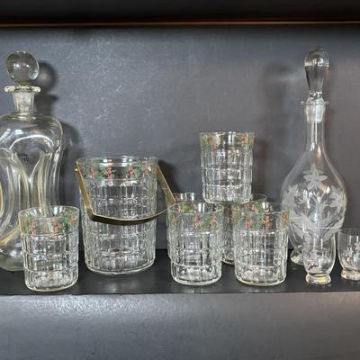 LOT 95: Vintage Windowpane Ice bucket & Matching Glasses, Etched Crystal Wine Decanter & More