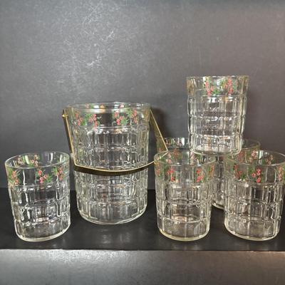 LOT 95: Vintage Windowpane Ice bucket & Matching Glasses, Etched Crystal Wine Decanter & More