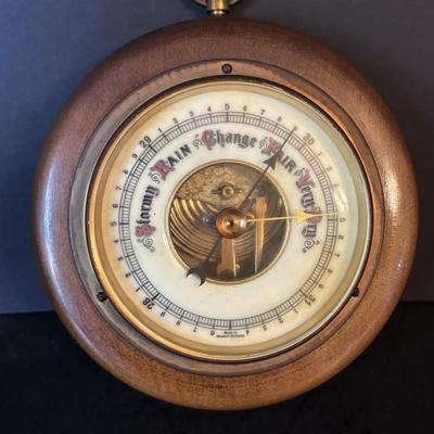 LOT 104: Vintage Imexal 18 Jewel 8-day World Clock, Florn Travel Alarm Clock, Bulova Swiss Made Alarm & Wooden Wall Barometer Made in...