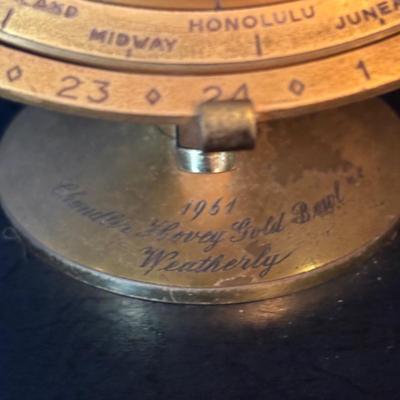 LOT 104: Vintage Imexal 18 Jewel 8-day World Clock, Florn Travel Alarm Clock, Bulova Swiss Made Alarm & Wooden Wall Barometer Made in...