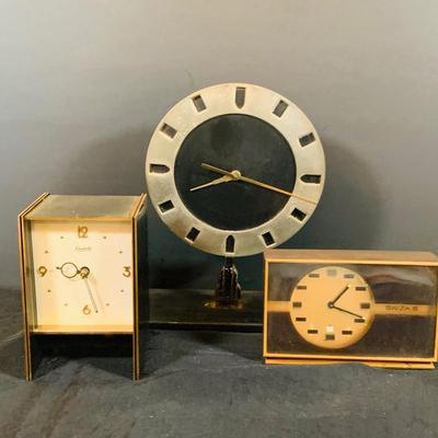 LOT 171: Collection of Art Deco Desk Clocks Including Kundo Mechanical Boxed Shaped Clock, Swiza 8 Alarm Clock, Empire State Building...