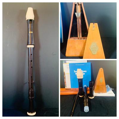 LOT 175; Vintage Aulos Tenor Recorder with Case and Accessories; Marisela Metronome, and Books