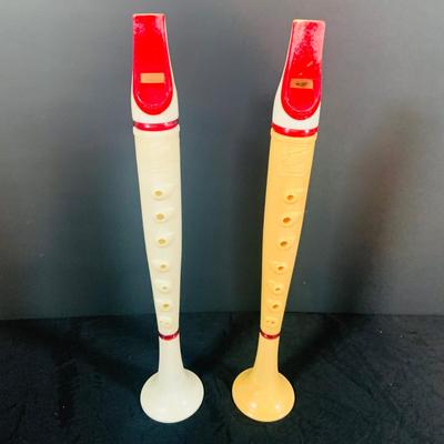 LOT 176: Vintage Wind Instruments Including Two (2) Flutophones, an Aulos Soprano Recorder, Sheffield Recorder, Slide Whistle and Books