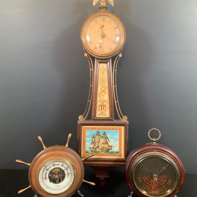 LOT 177: Vintage Banjo Style Techron Nautical Themed Electric Wall Clock Ship’s Wheel Barometer and Vintage Selsi Forecaster Barometer