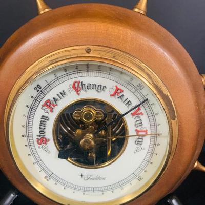 LOT 177: Vintage Banjo Style Techron Nautical Themed Electric Wall Clock Ship’s Wheel Barometer and Vintage Selsi Forecaster Barometer