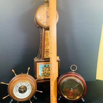LOT 177: Vintage Banjo Style Techron Nautical Themed Electric Wall Clock Ship’s Wheel Barometer and Vintage Selsi Forecaster Barometer