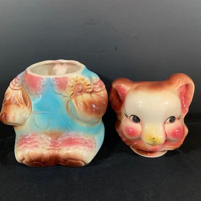 LOT 184: Vintage Ceramic Teddy Bear Cookie Jar and Ceramic Pitchers and a Salada Tea Pot