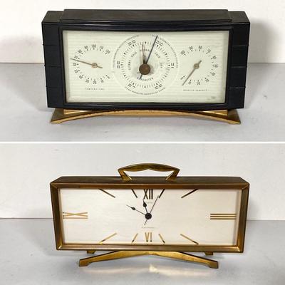 LOT 265: Mid-Century Modern Brass Bulova Table / Desk Clock and Airguide Table / Desk Barometer