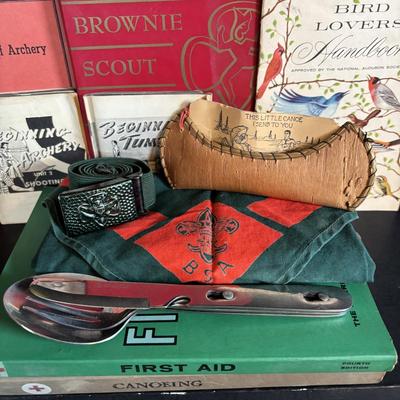 LOT 273: Vintage Scouting Sash w/Badges, Books, Scarf etc., Junior Scholastic Magazines & American Red Cross Canoeing & First-Aid...