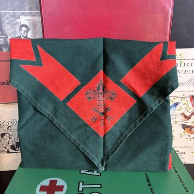 LOT 273: Vintage Scouting Sash w/Badges, Books, Scarf etc., Junior Scholastic Magazines & American Red Cross Canoeing & First-Aid...