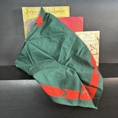 LOT 273: Vintage Scouting Sash w/Badges, Books, Scarf etc., Junior Scholastic Magazines & American Red Cross Canoeing & First-Aid...