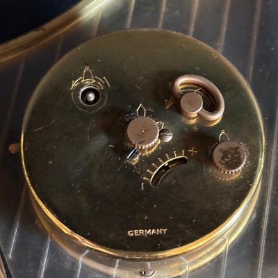 LOT 275: Vintage Linden Lucite Harp Alarm Clock, Luxor Desk Clock w/Scenic Dial, Brass Swiza 8-Day Travel Alarm Clock, & Kaiser Lamp...