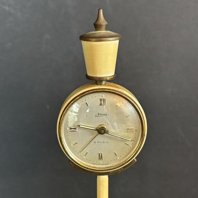 LOT 275: Vintage Linden Lucite Harp Alarm Clock, Luxor Desk Clock w/Scenic Dial, Brass Swiza 8-Day Travel Alarm Clock, & Kaiser Lamp...