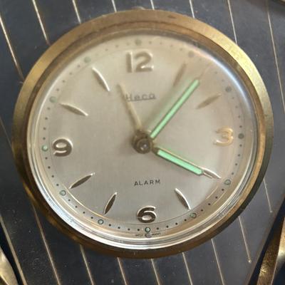 LOT 275: Vintage Linden Lucite Harp Alarm Clock, Luxor Desk Clock w/Scenic Dial, Brass Swiza 8-Day Travel Alarm Clock, & Kaiser Lamp...