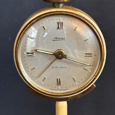 LOT 275: Vintage Linden Lucite Harp Alarm Clock, Luxor Desk Clock w/Scenic Dial, Brass Swiza 8-Day Travel Alarm Clock, & Kaiser Lamp...