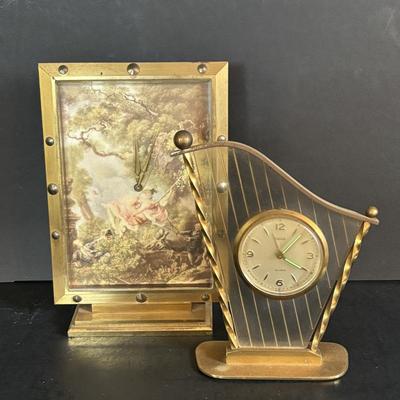 LOT 275: Vintage Linden Lucite Harp Alarm Clock, Luxor Desk Clock w/Scenic Dial, Brass Swiza 8-Day Travel Alarm Clock, & Kaiser Lamp...