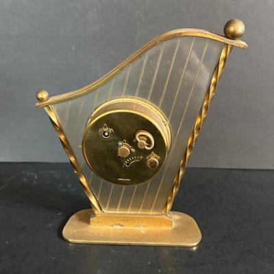 LOT 275: Vintage Linden Lucite Harp Alarm Clock, Luxor Desk Clock w/Scenic Dial, Brass Swiza 8-Day Travel Alarm Clock, & Kaiser Lamp...