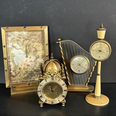 LOT 275: Vintage Linden Lucite Harp Alarm Clock, Luxor Desk Clock w/Scenic Dial, Brass Swiza 8-Day Travel Alarm Clock, & Kaiser Lamp...
