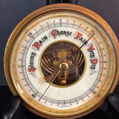 LOT 276: Vintage Art Deco Kundo Alarm Clock, Brass Semco 7 Jewels Travel Alarm Clock, Mid- Century Wind-Up Clock-Thermometer-Hydrometer...