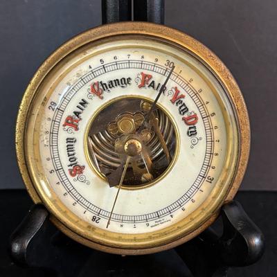 LOT 276: Vintage Art Deco Kundo Alarm Clock, Brass Semco 7 Jewels Travel Alarm Clock, Mid- Century Wind-Up Clock-Thermometer-Hydrometer...