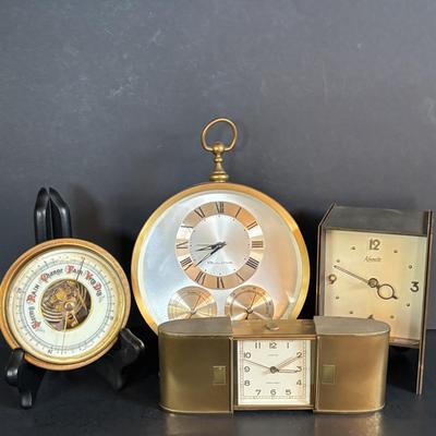 LOT 276: Vintage Art Deco Kundo Alarm Clock, Brass Semco 7 Jewels Travel Alarm Clock, Mid- Century Wind-Up Clock-Thermometer-Hydrometer...