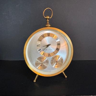 LOT 276: Vintage Art Deco Kundo Alarm Clock, Brass Semco 7 Jewels Travel Alarm Clock, Mid- Century Wind-Up Clock-Thermometer-Hydrometer...