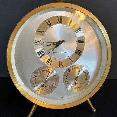 LOT 276: Vintage Art Deco Kundo Alarm Clock, Brass Semco 7 Jewels Travel Alarm Clock, Mid- Century Wind-Up Clock-Thermometer-Hydrometer...