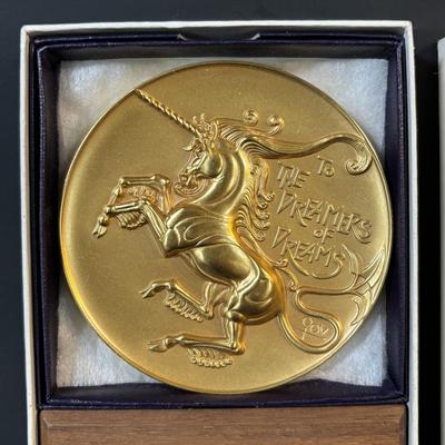 LOT 286: Medallic Art Company 1982 Marcel Jovine Dreamer of Dreams Gold Plated Bronze Medal and 1981 Marcel Jovine Aviation History Maco...