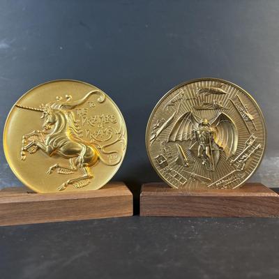 LOT 286: Medallic Art Company 1982 Marcel Jovine Dreamer of Dreams Gold Plated Bronze Medal and 1981 Marcel Jovine Aviation History Maco...