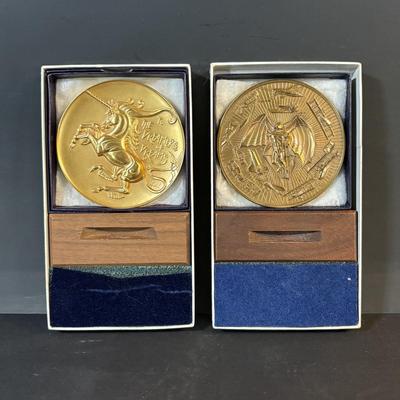LOT 286: Medallic Art Company 1982 Marcel Jovine Dreamer of Dreams Gold Plated Bronze Medal and 1981 Marcel Jovine Aviation History Maco...