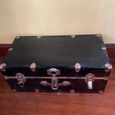 LOT 291: Black Steamer Trunk Loaded with Vintage Toys and Books Including Monopoly, Cribbage and More
