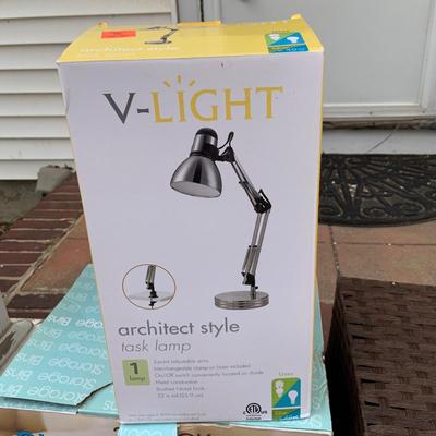 LOT 302: Set of Six (6) Storage Bins Three in Original Box and a Desk Lamp in Original Box