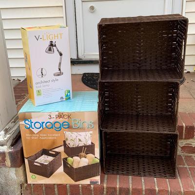 LOT 302: Set of Six (6) Storage Bins Three in Original Box and a Desk Lamp in Original Box
