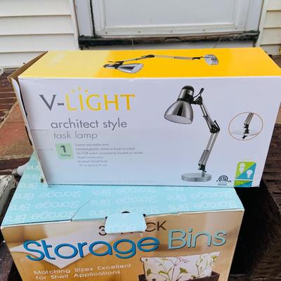 LOT 302: Set of Six (6) Storage Bins Three in Original Box and a Desk Lamp in Original Box