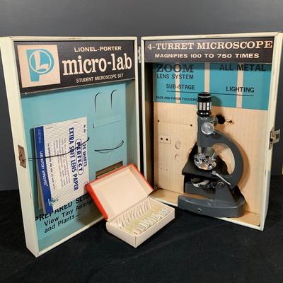 LOT 304: Lionel-Porter Micro-Lab Student Microscope Set with Slides and Metal Case